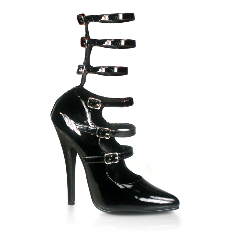 CLEARANCE DOMINA-449 *6" Multi-Instep And Ankle Strap Pump Black Patent