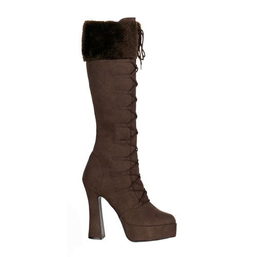 CLEARANCE ELECTRA-2036 *5" Chunky Heel Lace-Up PF Knee BT W/Fur Coll Brown Microfiber