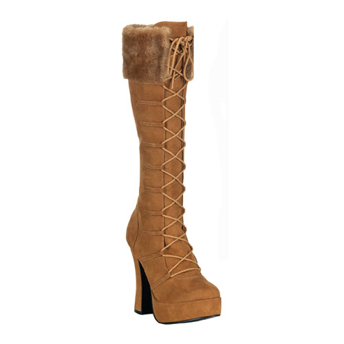 CLEARANCE ELECTRA-2036 *5" Chunky Heel Lace-Up PF Knee BT W/Fur Coll Tan Microfiber