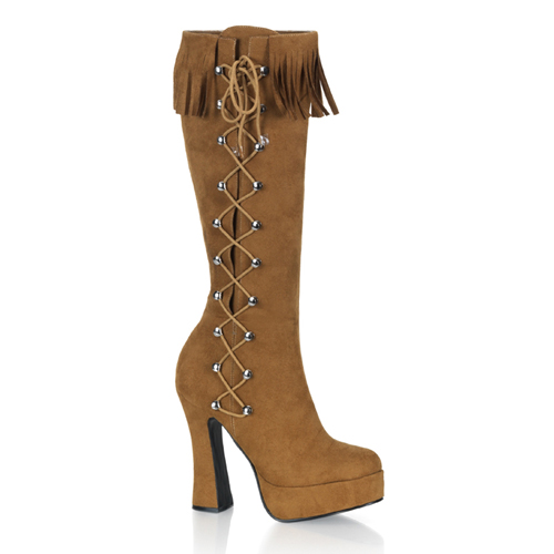 CLEARANCE ELECTRA-2052 *5" Chunky Heel Side Laced Knee BT, Side Zip Tan Microfiber