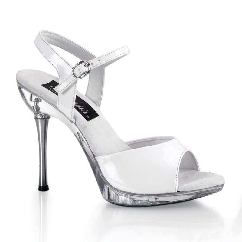 CLEARANCE EXCITE-409 *4 1/2" Metal Heel Ankle Strap Mini PF Sandal Wht/Clr