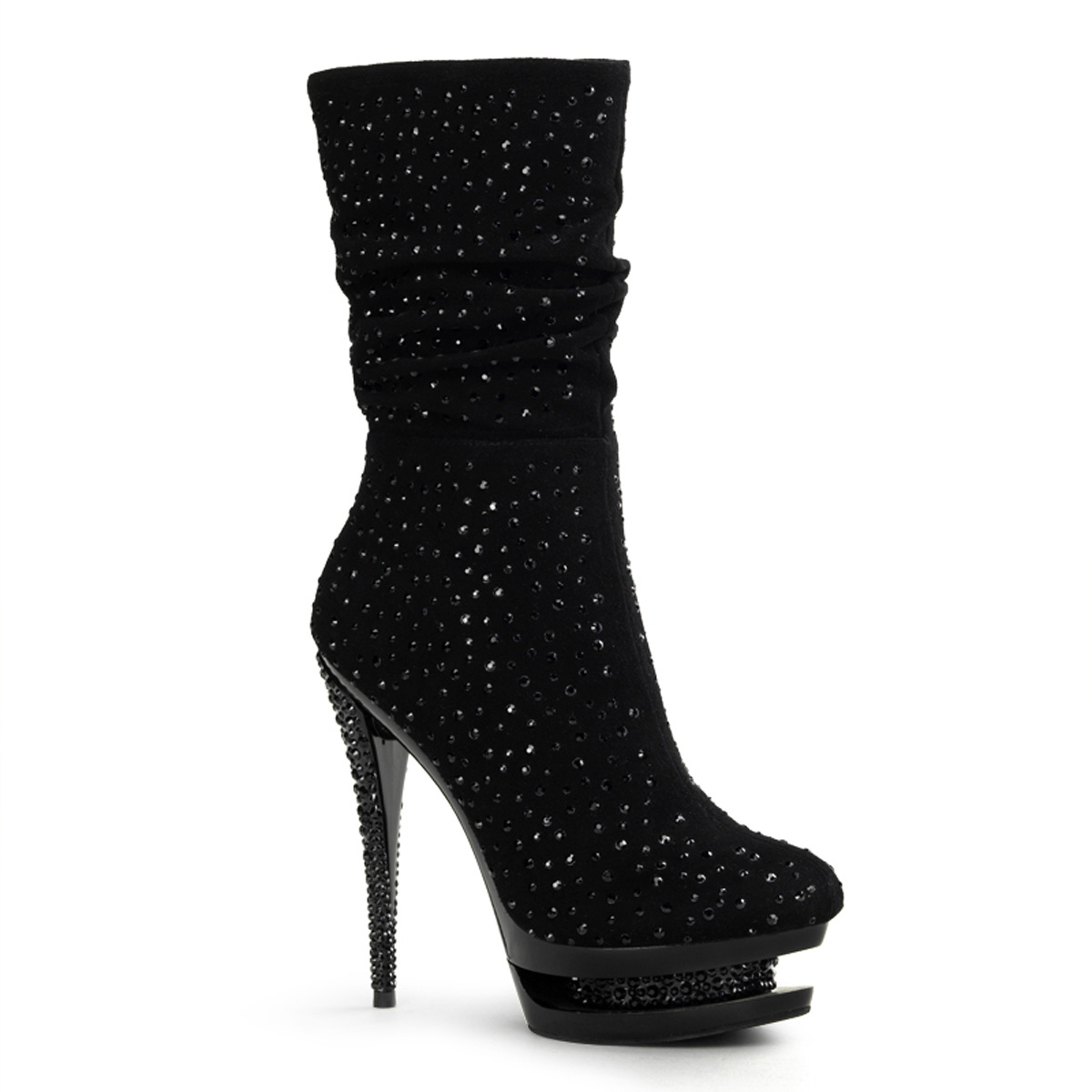 PLEASER Day & Night FASCINATE-1016 6" Stiletto Heel, 1 1/2" Dual PF Ankle Boot/Blk Suede/Blk