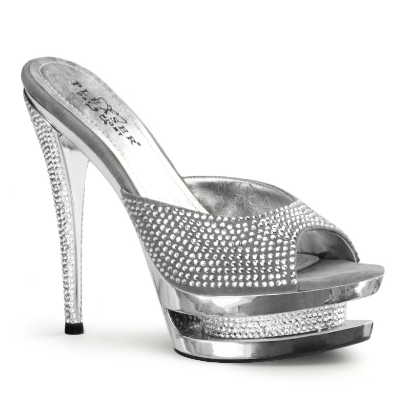 PLEASER Day & Night FASCINATE-601DM 6" Stiletto Heel, 1 1/2" Dual PF Slide Lt. Grey Suede/Slv Chrome