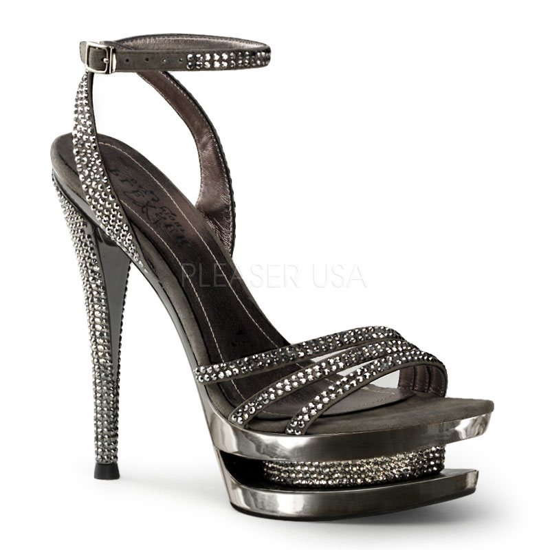 PLEASER Day & Night FASCINATE-637DM 6" Stiletto Heel, 1 1/2" Dual PF Wrap Ankle Strap Sandal D.Grey Suede/Pewter Chrome