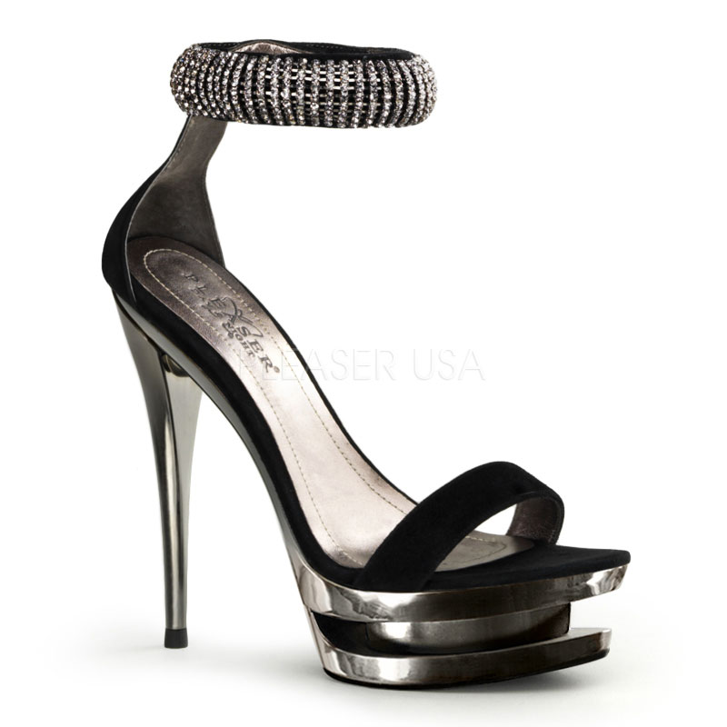 PLEASER Day & Night FASCINATE-639 6" Stiletto Heel, 1 1/2" Dual PF Double Strap Sandal Blk Suede/Pewter Chrome