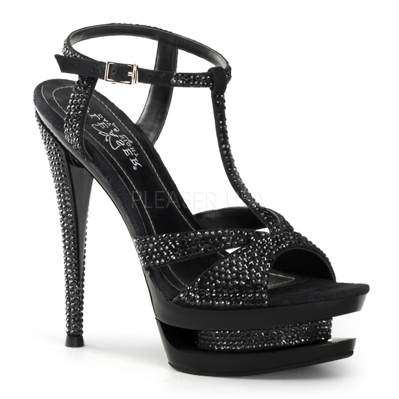 PLEASER Day & Night FASCINATE-650 6" Stiletto Heel, 1 1/2" Dual PF T-Strap Sandal Blk Suede/Blk