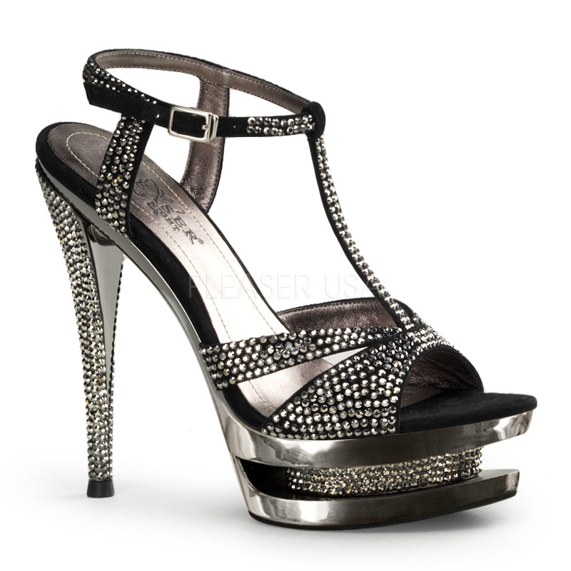 PLEASER Day & Night FASCINATE-650 6" Stiletto Heel, 1 1/2" Dual PF T-Strap Sandal Blk Suede/Pewter Chrome