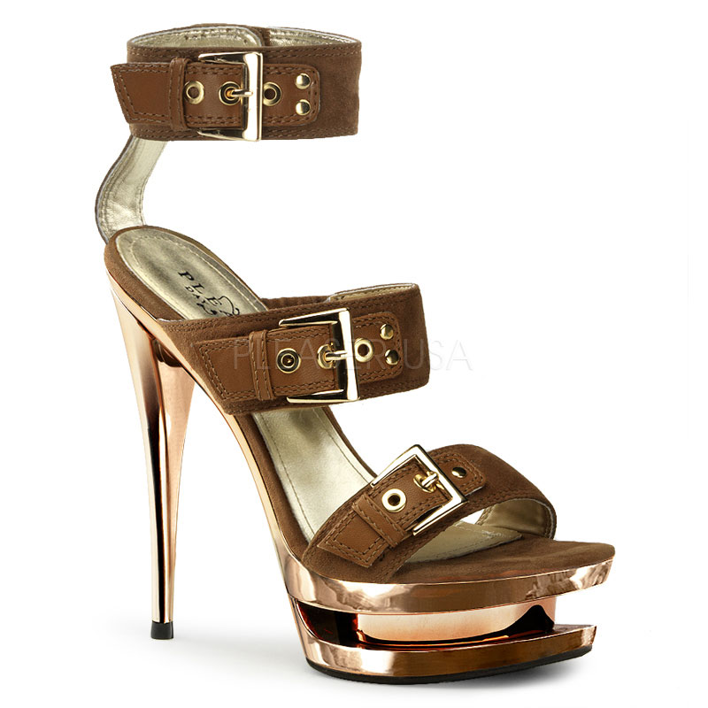 PLEASER Day & Night FASCINATE-652 6" Stiletto Heel, 1 1/2" Dual PF Strap Slide Cocoa Suede/Rose Gold Chrome