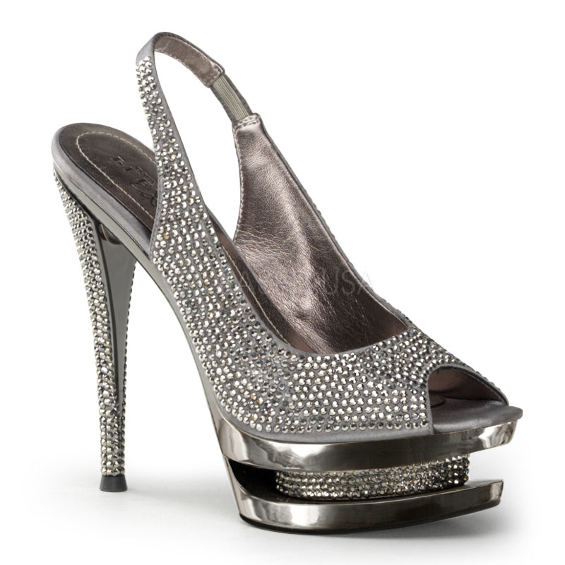 PLEASER Day & Night FASCINATE-654DM 6" Stiletto Heel, 1 1/2" Dual PF Peep Toe Slingback Sandal D. Grey Suede/Pewer Chrome