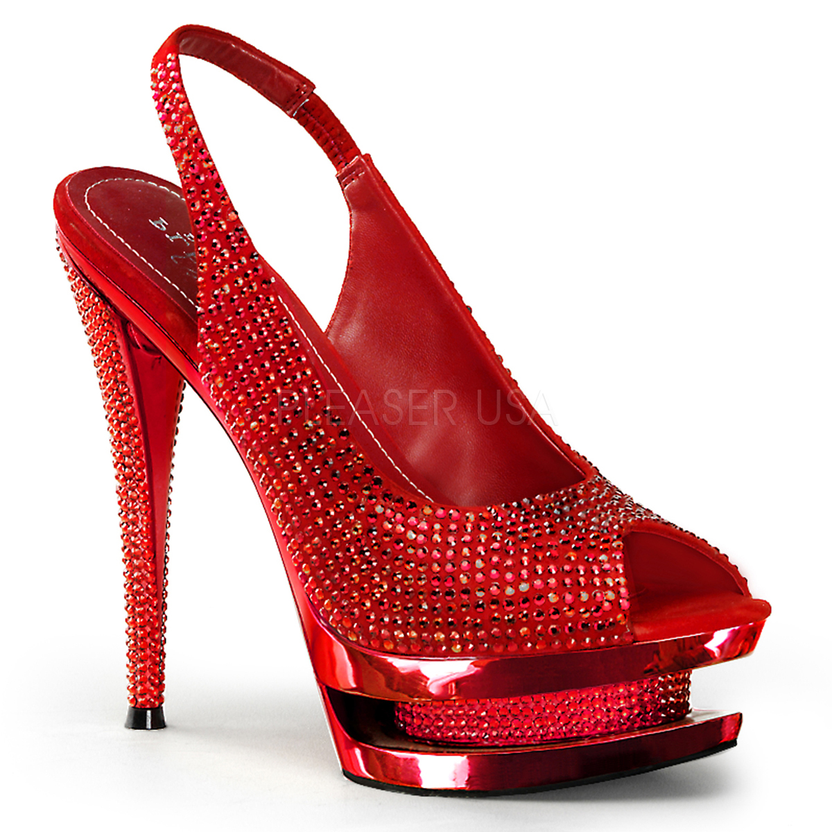 PLEASER Day & Night FASCINATE-654DM 6" Stiletto Heel, 1 1/2" Dual PF Peep Toe Slingback Sandal Red Suede/Red Chrome