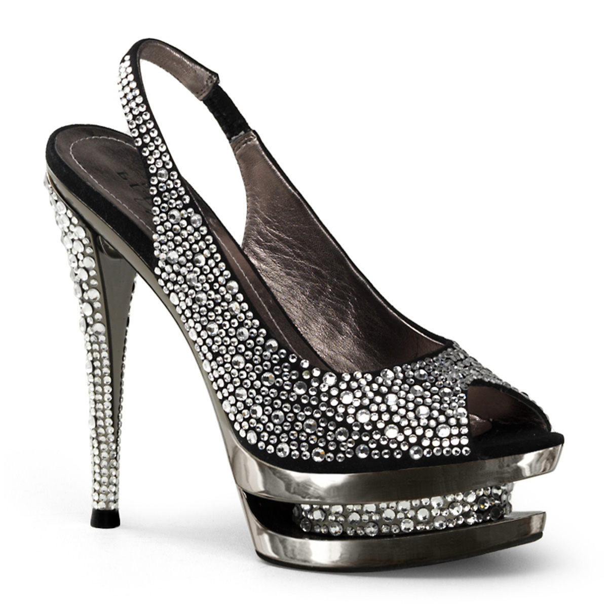 PLEASER Day & Night FASCINATE-654SL 6" Stiletto Heel, 1 1/2" Dual PF Slingback Sandal Blk Suede/Pewter Chrome