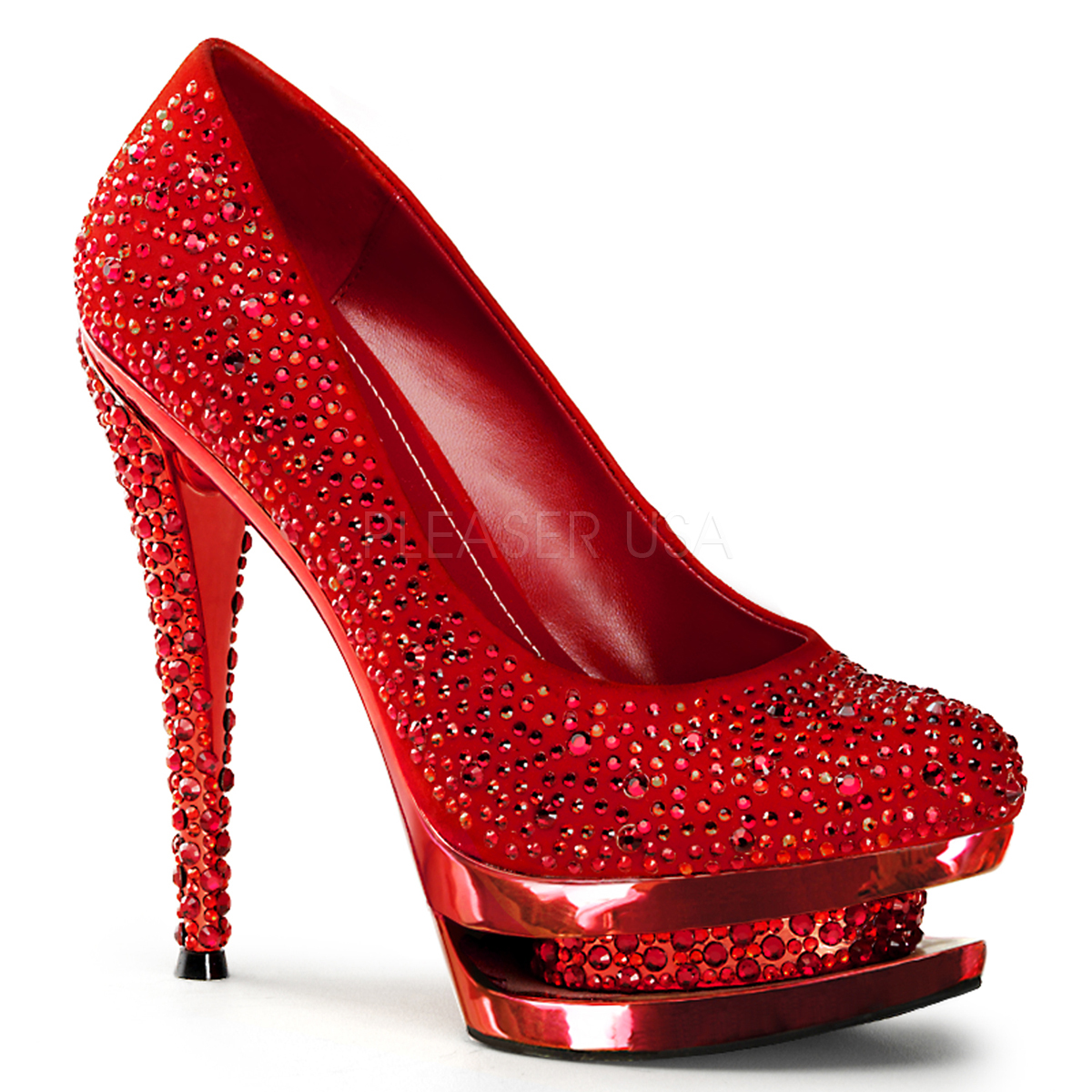 PLEASER Day & Night FASCINATE-685DM 6" Stiletto Heel, 1 1/2" Dual PF Pump/Red Suede/Red Chrome
