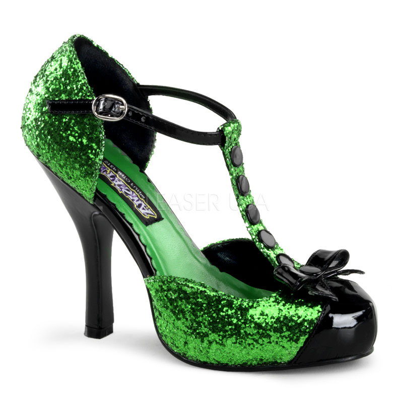 FUNTASMA FESTIVE-10G 4 1/2" Heel, 3/4" Hidden P/F T-Strap D'orsay Pump Green Gltr-Blk Pat
