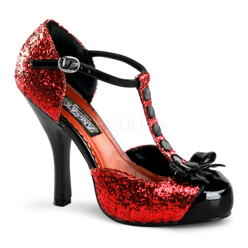 FUNTASMA FESTIVE-10G 4 1/2" Heel, 3/4" Hidden P/F T-Strap D'orsay Pump Red Gltr-Blk Pat