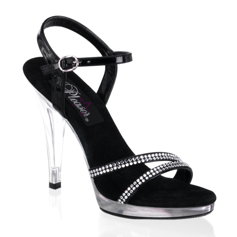 CLEARANCE FLAIR-411 *4 1/2" Stiletto Heel Ankle Strap PF Sandal W/RS Blk-RS/Clr