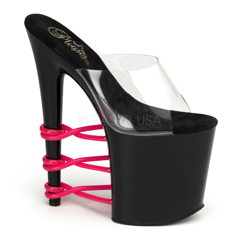 PLEASER FLAMINGO-801T-3 8" Heel, 4" PF Slide W/ UV Tubes Clr/Blk-H. Pink