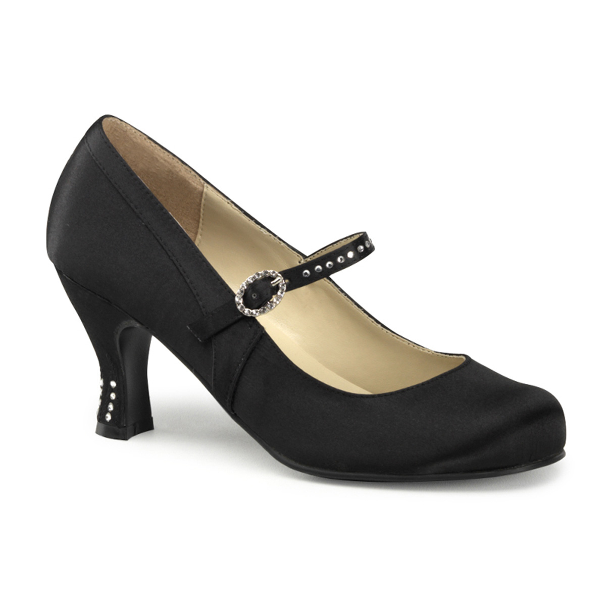 FUNTASMA FLAPPER-20 3" Heel Round Toe Maryjane W/ Rhinestone Buckle Blk Satin Pu