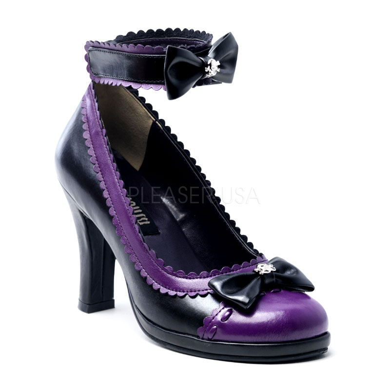 DEMONIA GLAM-40 3 3/4" Heel Lolita Mini P/F Pump W/Skull Bow Detail Blk-Purple Pu