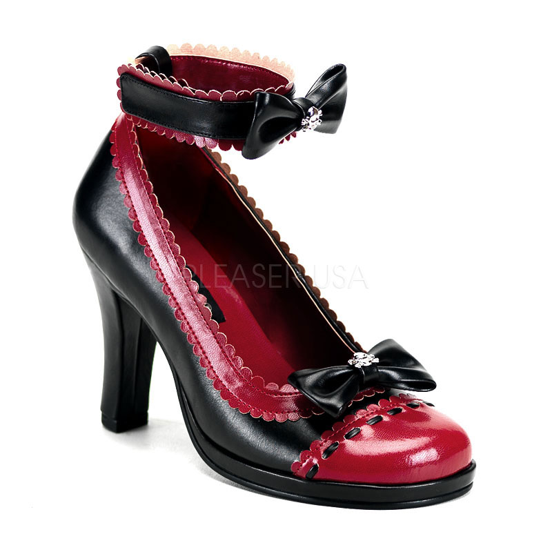 DEMONIA GLAM-40 3 3/4" Heel Lolita Mini P/F Pump W/Skull Bow Detail Blk-Burgundy Pu