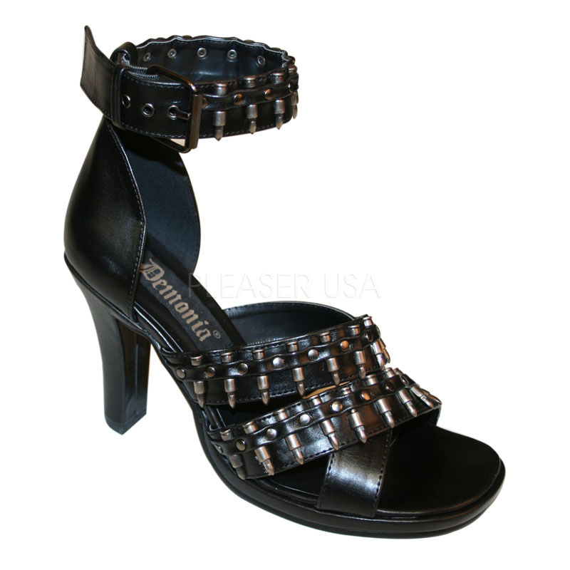 DEMONIA GLAM-43 3 3/4" Heel Military Platform Sandal W/Bullet Strap Blk Pu