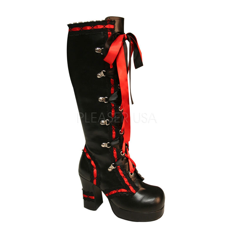 DEMONIA GOTHIKA-215 Lolita P/F Knee Boot W/2-Tone Ribbon Lacing Blk Pu-Red