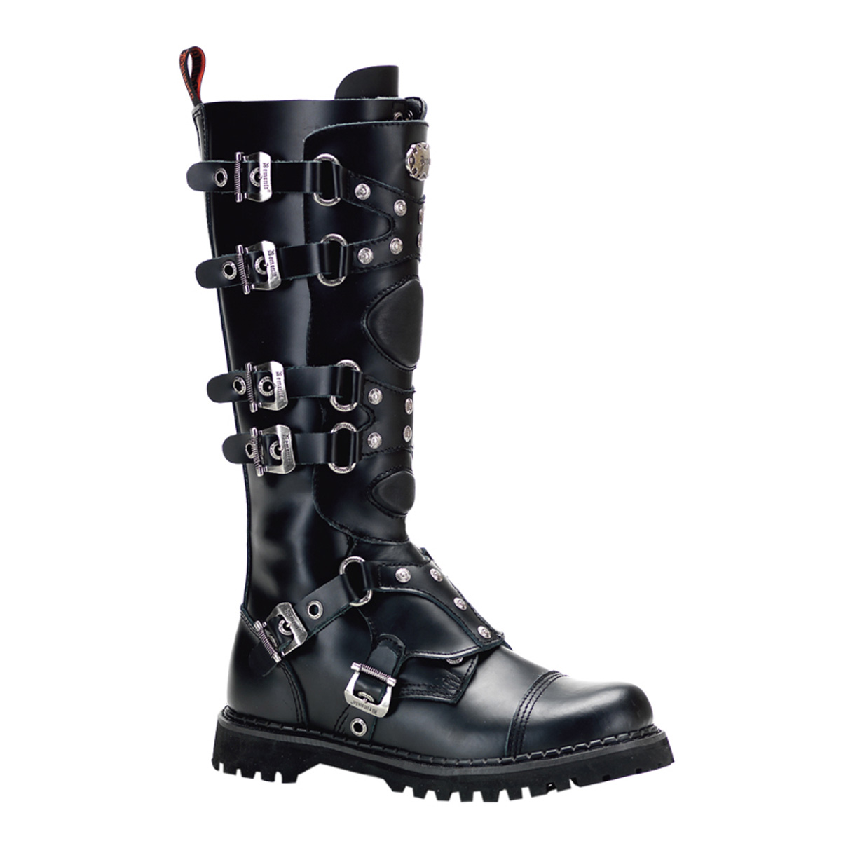 DEMONIA GRAVEL-22 6 Buckle Knee Combat Boot W/Inner Side Zipper Blk Leather