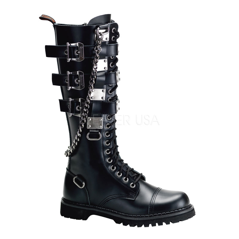DEMONIA GRAVEL-23 20 Eyelet 3 Buckle, Knee Combat BT W/Metal Plates Blk Leather
