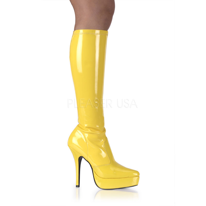 PLEASER INDULGE-2000 5 1/4" Stretch PF Knee Boot Yellow Str Pat
