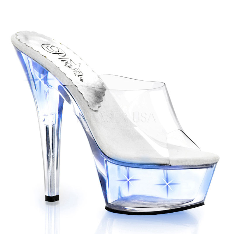 PLEASER KISS-201LT 6" Stiletto Heel Lite-Up PF Slide Clr/Blue Lights