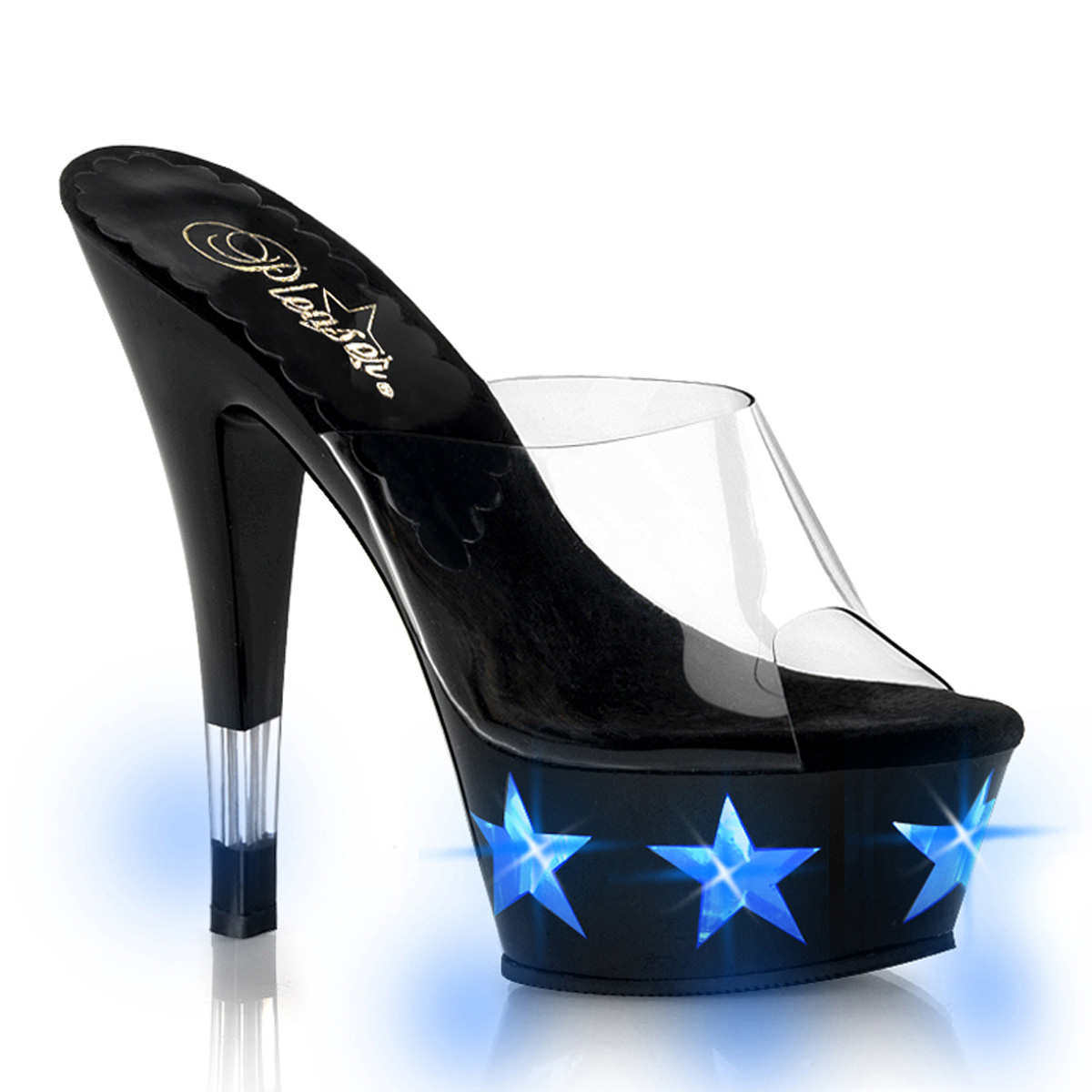 PLEASER KISS-201LT4 6" Stiletto Heel PF Slide W/"Star" Lights Clr/Blue Lights