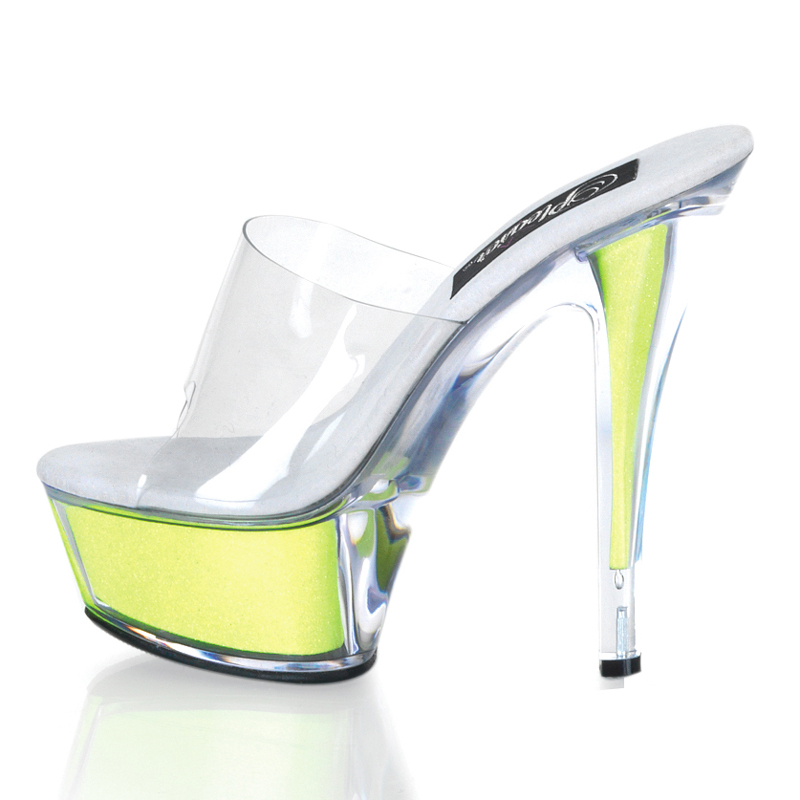 CLEARANCE KISS-201NG *6" Stiletto Heel Glitter Filled PF Sli Clr/Neon Lime Gltr