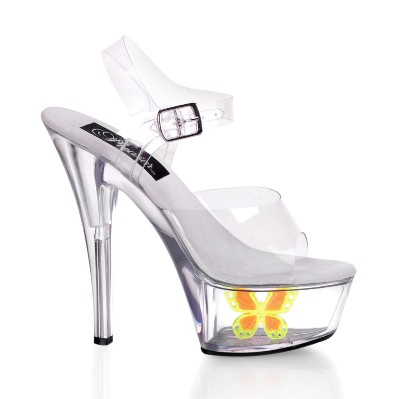 CLEARANCE KISS-208-6 *6" Ankle Strap PF Sandal W/Neon Butterfly Clr/Neon Lime Buttefly