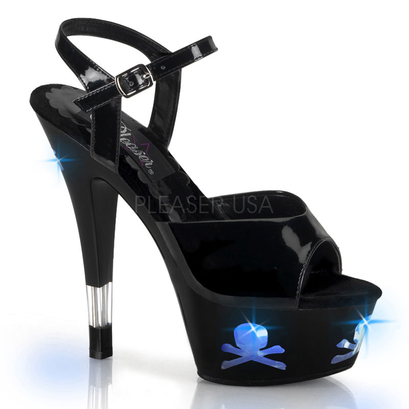PLEASER KISS-209LT5 6" Heel Ankle Strap PF Sandal W/"Skull" Lights Blk/Blue Lights