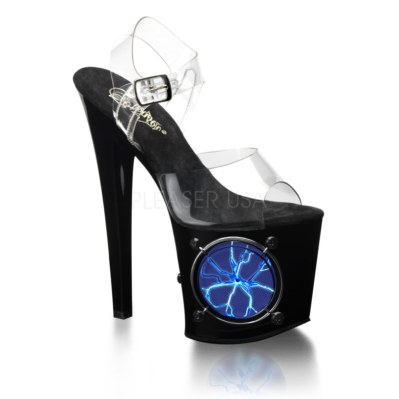 PLEASER LIGHTNING-708 7 1/2" Ankle Strap P/F Sandal W/Blue Strobe LT Clr/Blk-UL