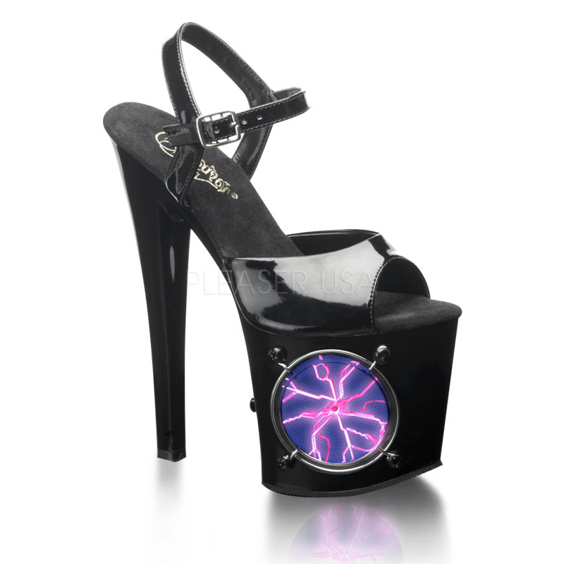 PLEASER LIGHTNING-709 7 1/2" Ankle Strap P/F Sandal W/Pink Strobe LT Blk Pat/Blk-PL