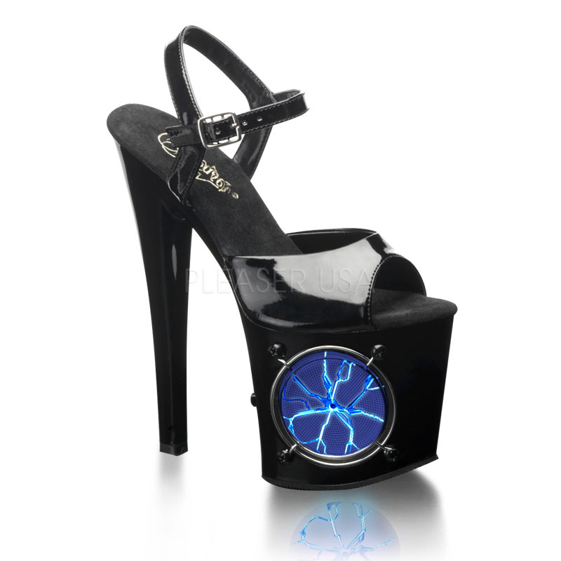 PLEASER LIGHTNING-709 7 1/2" Ankle Strap P/F Sandal W/Blue Strobe LT Blk Pat/Blk-UL