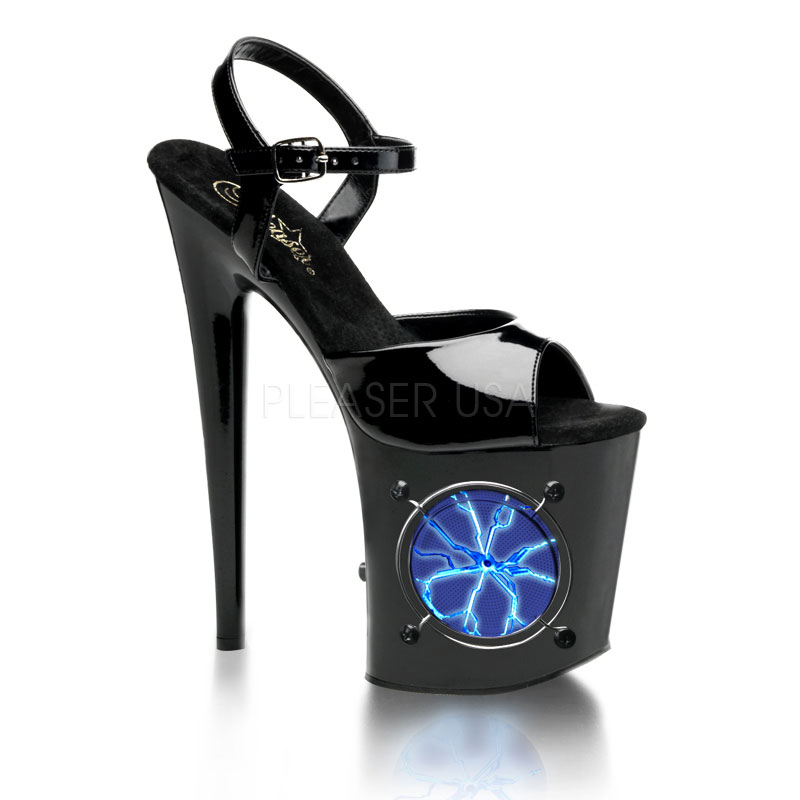 PLEASER LIGHTNING-809 8" Ankle Strap P/F Sandal W/Blue Strobe Lights Blk Pat/Blk-UL