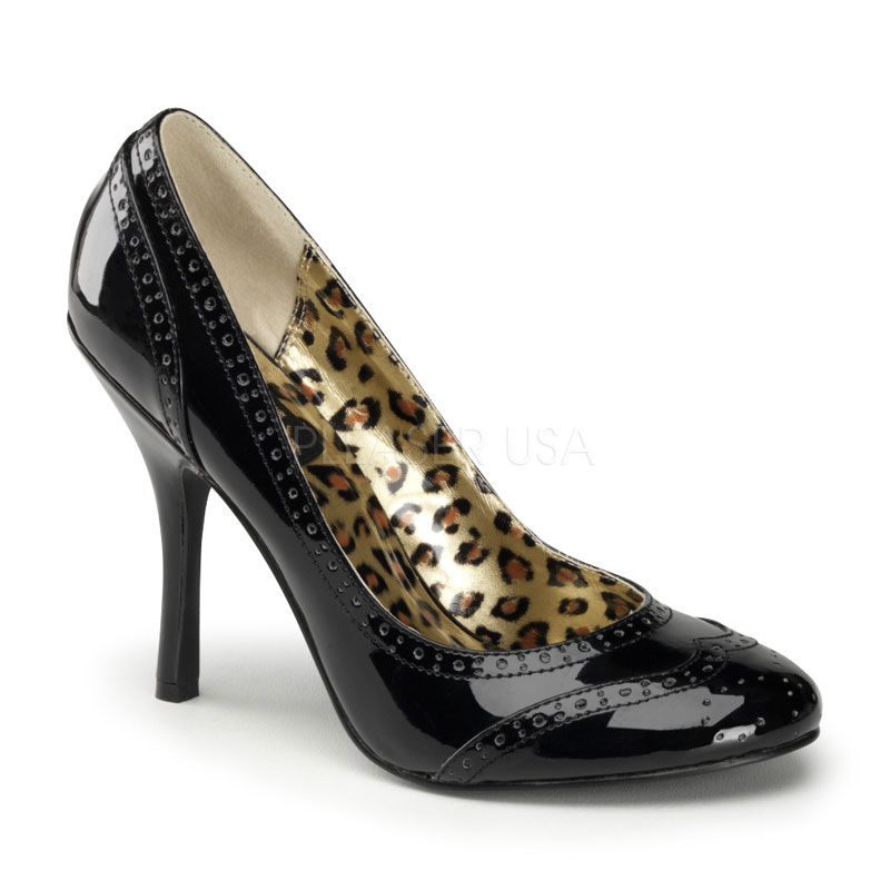 PINUP COUTURE LOVELY-12 Spectator Round Toe Pump W/Perforated Detailing Blk Pat