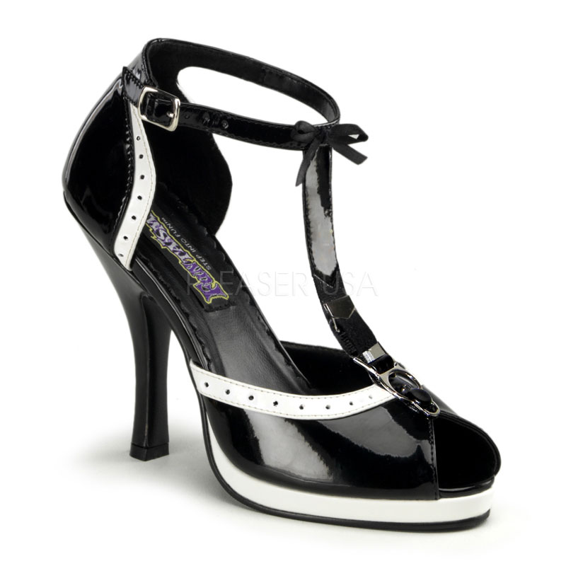 FUNTASMA MAFIA-02 4 1/2" Heel, 3/4" P/F Lingerie Garter T-Stp D'orsay Pump Blk-Wht Pat
