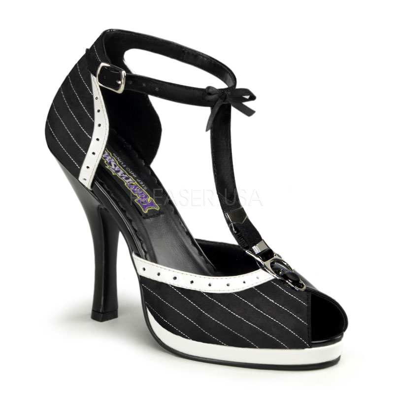 FUNTASMA MAFIA-02 4 1/2" Heel, 3/4" P/F Lingerie Garter T-Stp D'orsay Pump Blk Pinstripes Satin-Wht Pat