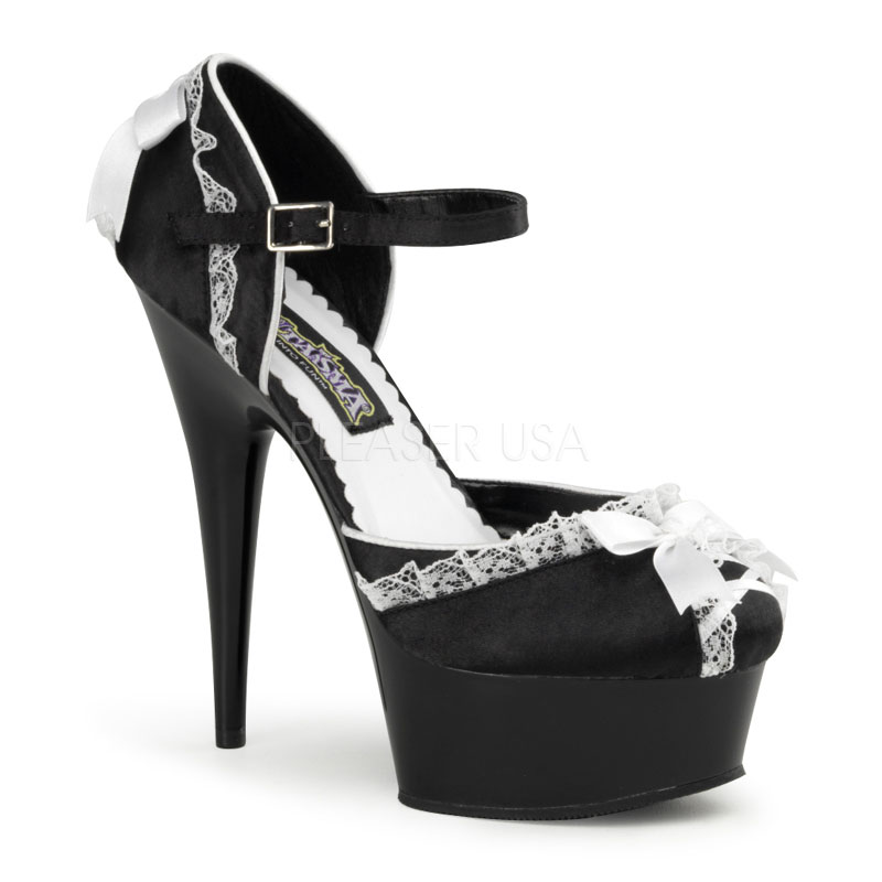 FUNTASMA MAID-07 6" Stiletto Heel, 1 3/4" P/F D' Orsay Pump W/Corset Dtl Blk-Wht Satin/Blk