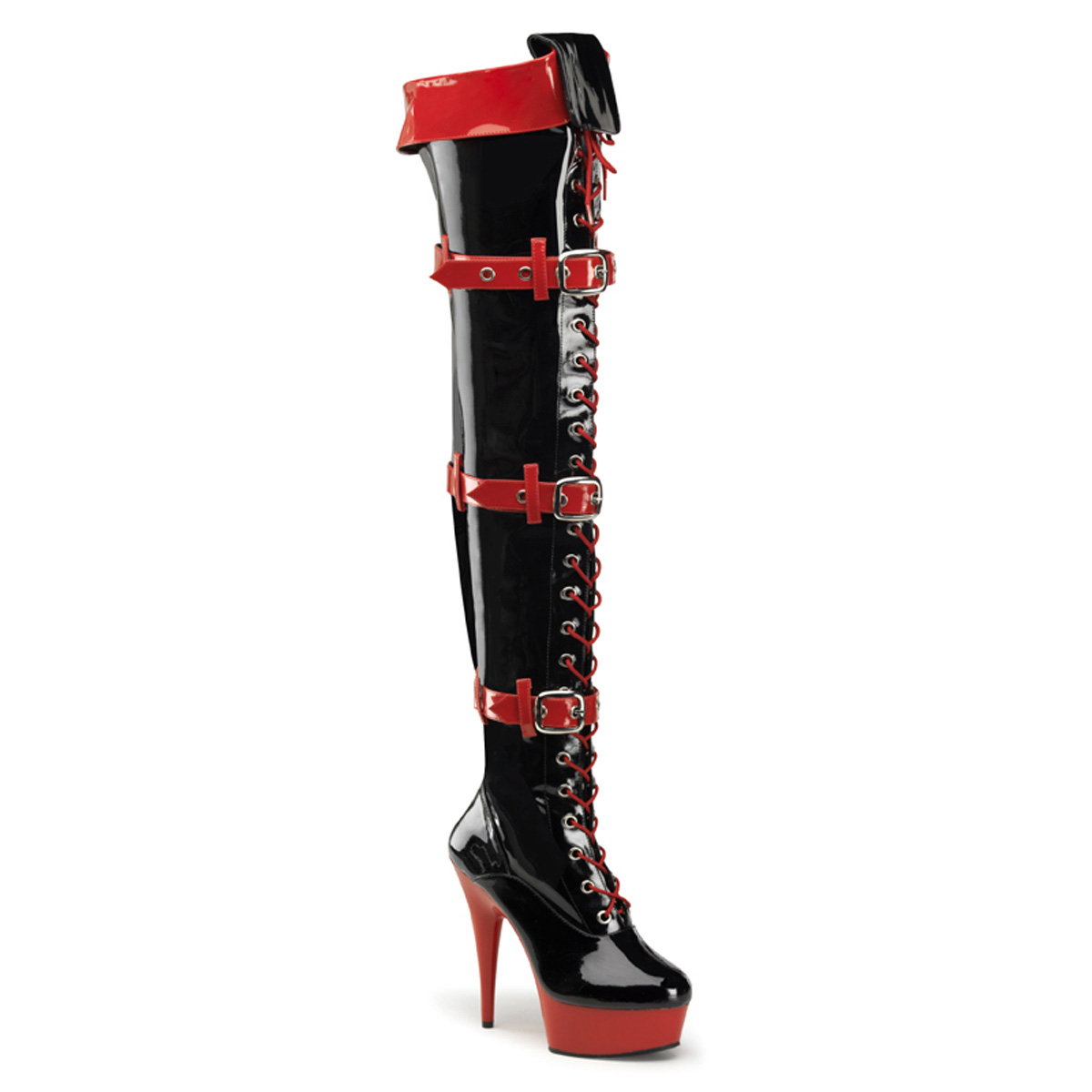 FUNTASMA MEDIC-3028 6" Stiletto Heel, 1 3/4" P/F 3 Buckle Strap Thigh Boot Blk-Red Pat