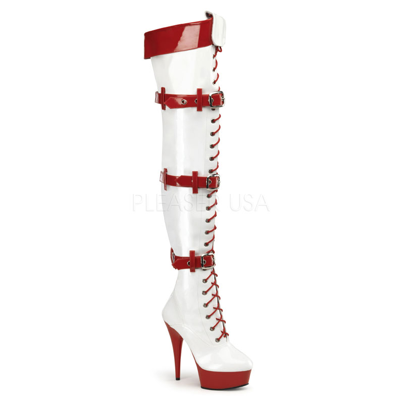 FUNTASMA MEDIC-3028 6" Stiletto Heel, 1 3/4" P/F 3 Buckle Strap Thigh Boot Wht-Red Pat
