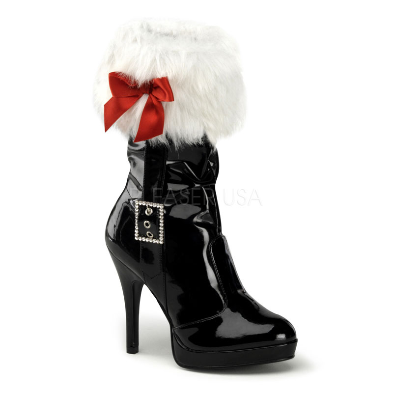 FUNTASMA MERRY-215 4 1/2" Heel, 1/2" P/F Fur Cuffed Calf Boot W/ RS Buckle Blk Pat-Wht Faux Fur