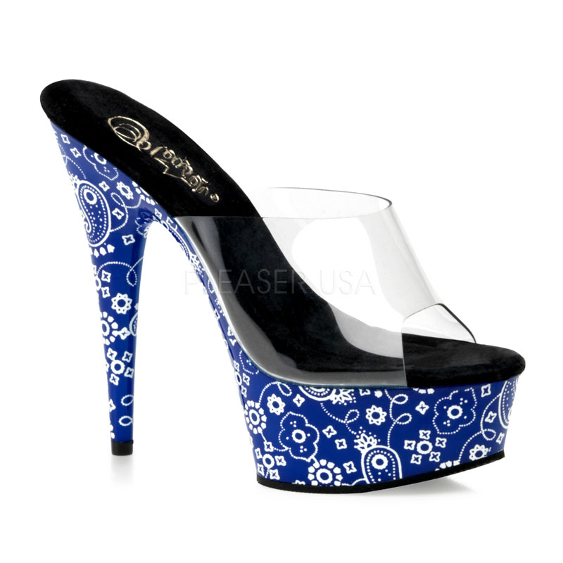 PLEASER MOTIF-601BD 6" Stiletto Heel Bandana Print Platform Slide Clr/Blue-Wht