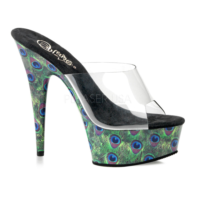 PLEASER MOTIF-601PE 6" Stiletto Heel Peacock Eye Print P/F Slide Clr/Green
