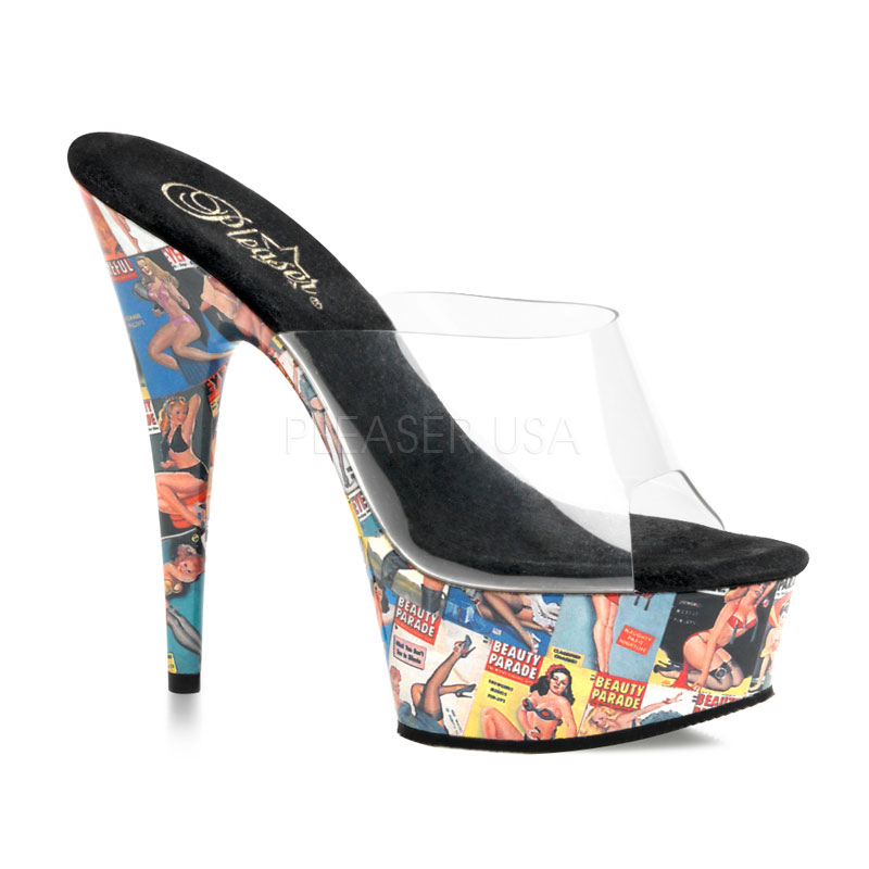 PLEASER MOTIF-601PG 6" Stiletto Heel Pin Up Girl Print P/F Slide Clr/Multi