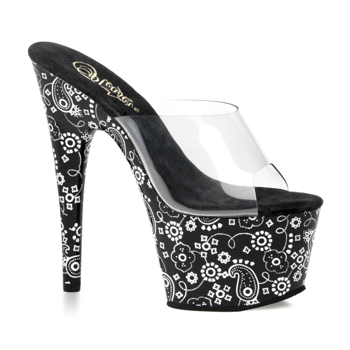 PLEASER MOTIF-701BD 7" Stiletto Heel Bandana Print Platform Slide Clr/Blk-Wht