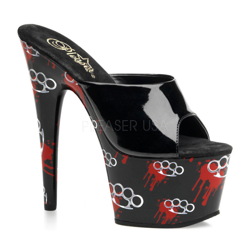 PLEASER MOTIF-701BK 7" Brass Knuckle Print Platform Slide Blk Pat/Blk