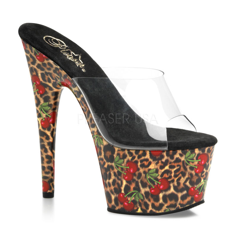 PLEASER MOTIF-701CL 7" Stiletto Heel Cherry Leopard Print P/F Slide Clr/Leopard